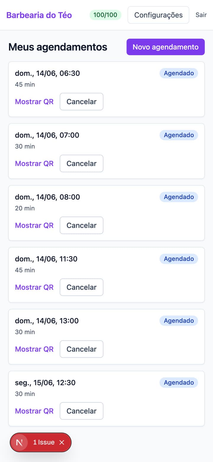 App do cliente com a marca da barbearia, listando os agendamentos.