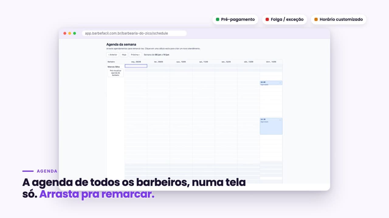 Agenda da semana com a grade de horários de todos os barbeiros da barbearia.