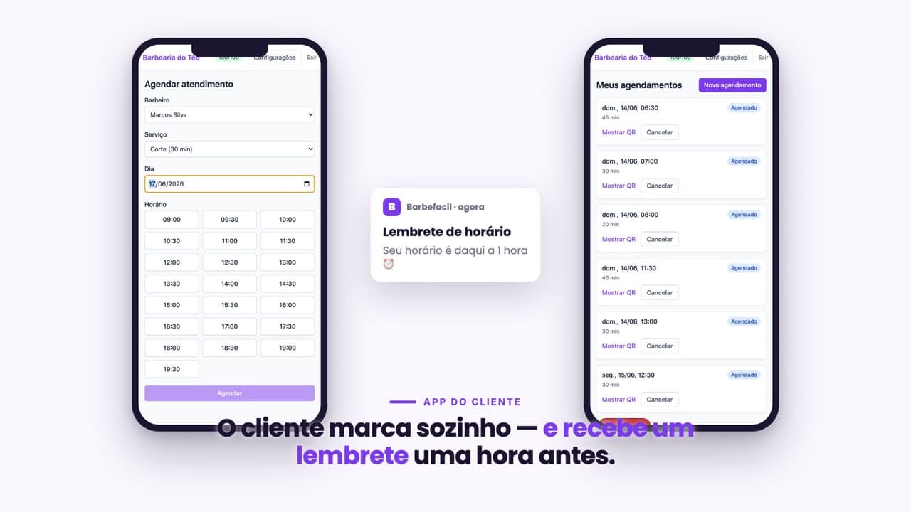 App do cliente: escolha de barbeiro, serviço e horário para agendar atendimento.