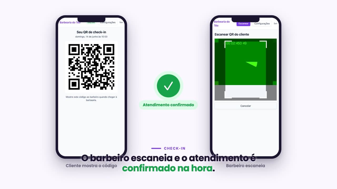 Check-in por QR: o cliente mostra o código e o barbeiro escaneia para confirmar.
